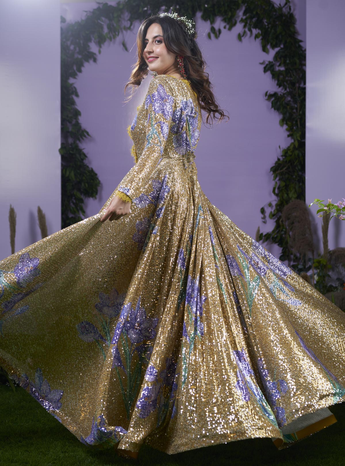 Wild Saffron printed Sequin fusion Evening gown.