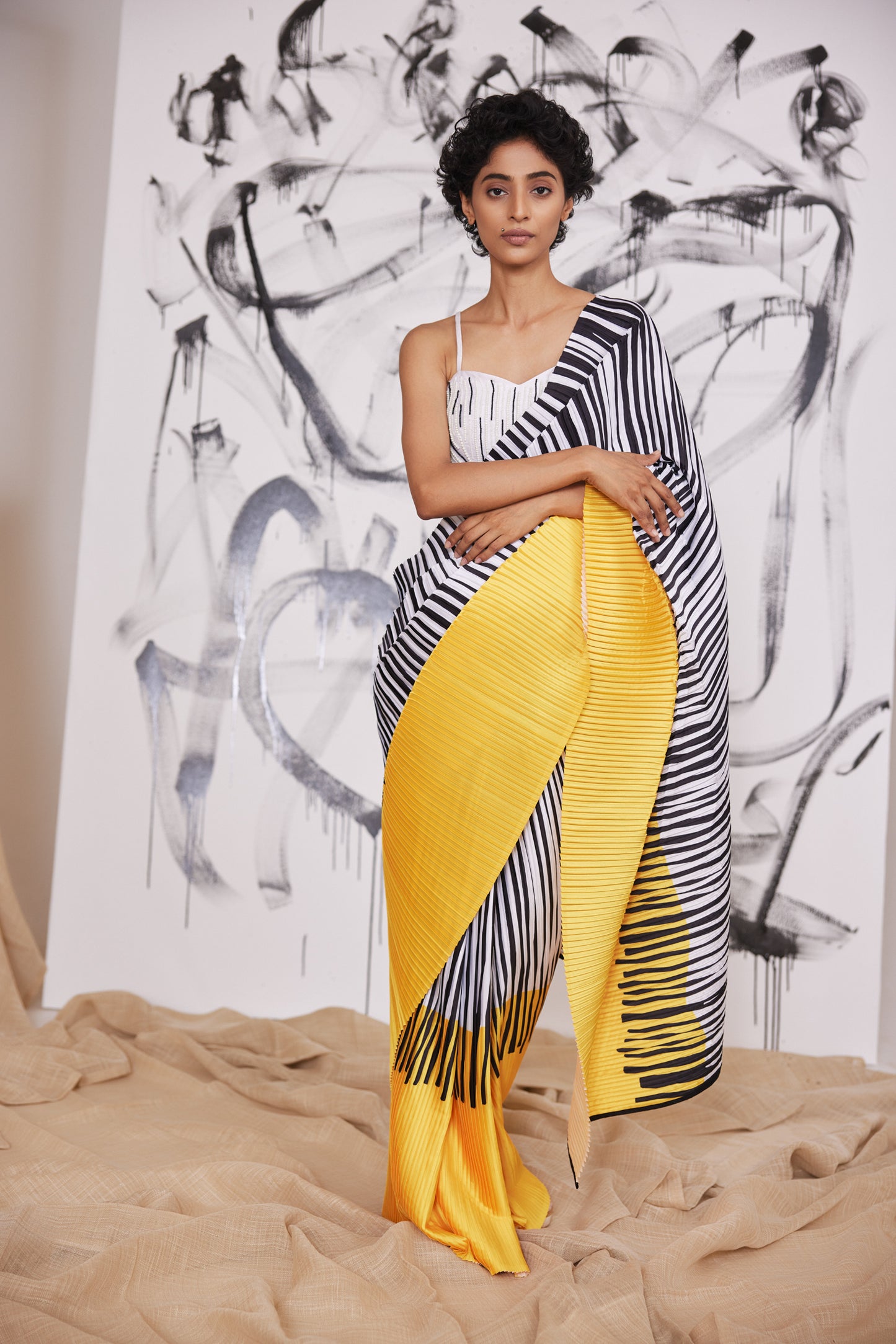 Barcode Striped Pleated Saree