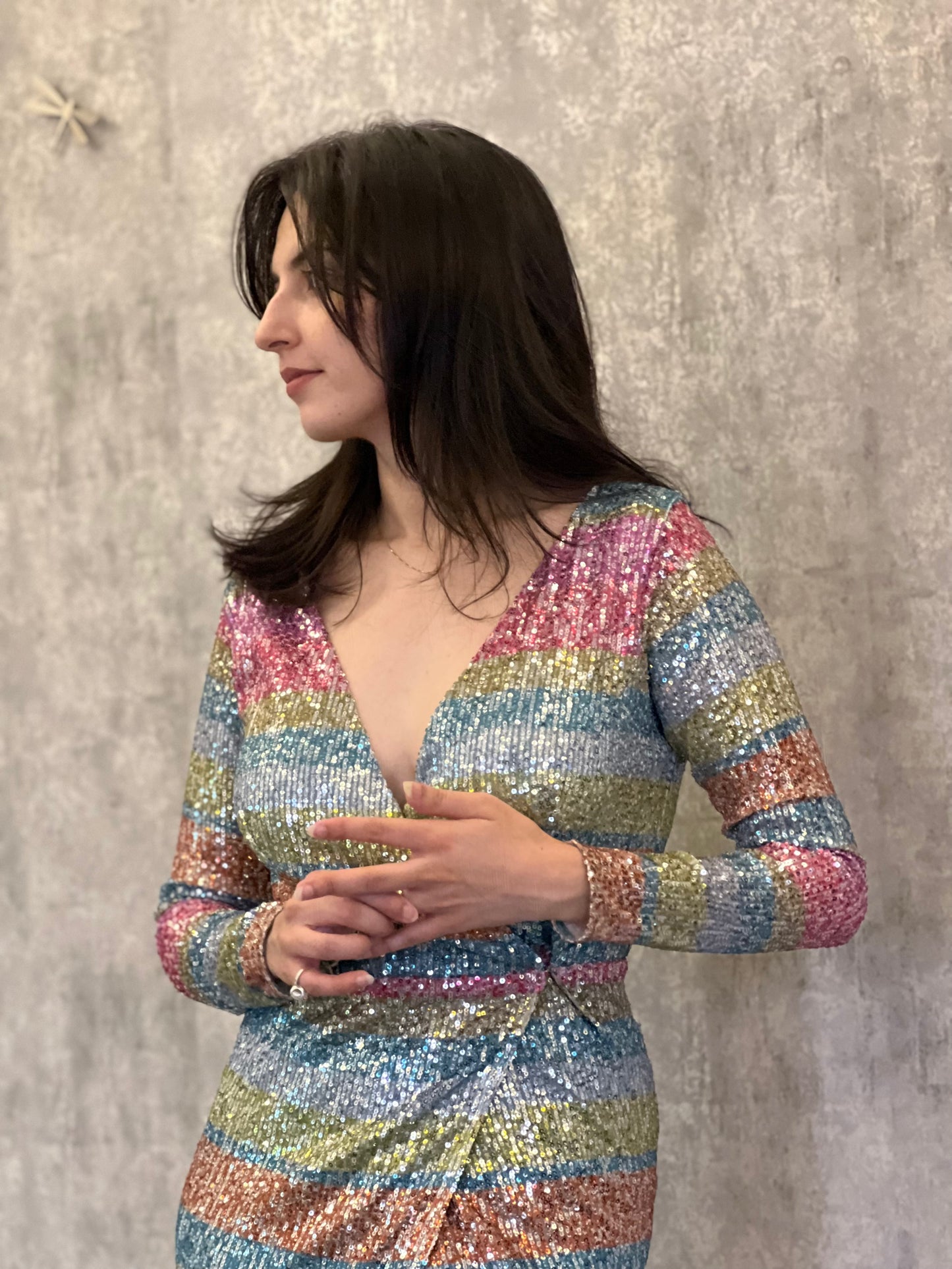 Rainbow sequin statement cocktail gown