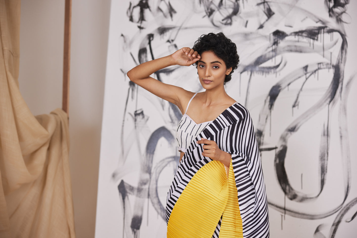 Barcode Striped Pleated Saree