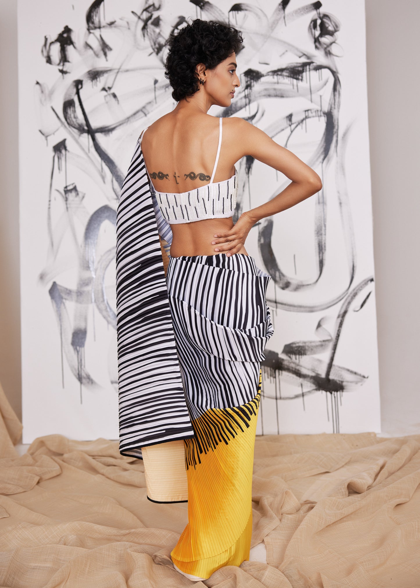 Barcode Striped Pleated Saree