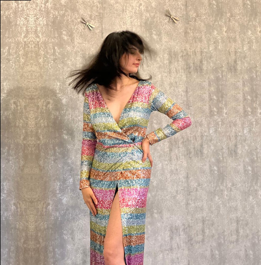 Rainbow sequin statement cocktail gown