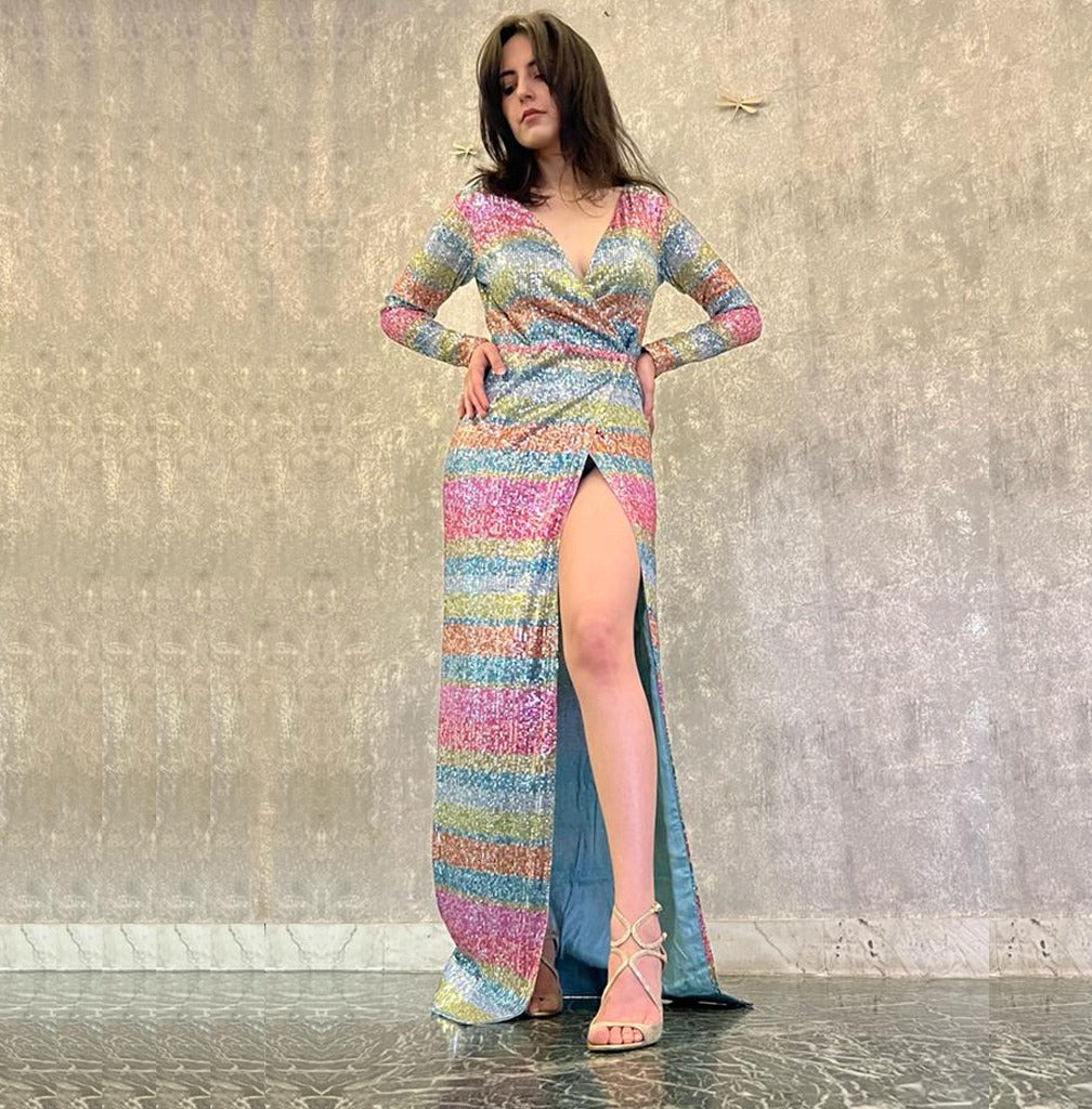 Rainbow sequin statement cocktail gown