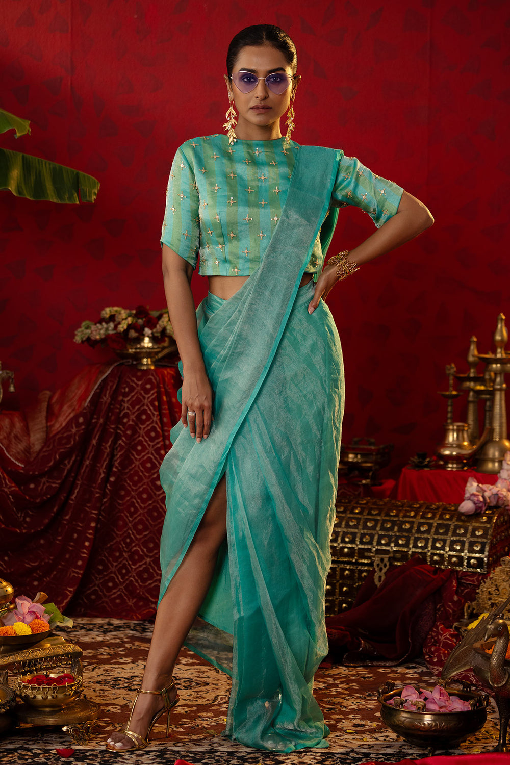 Turquoise Tissue Saree Set