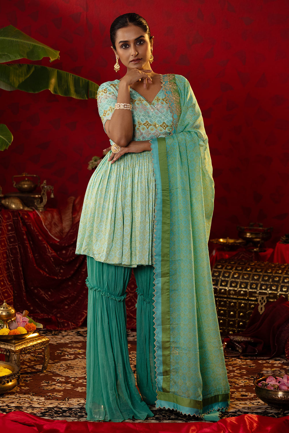 Turquoise Blue Ajrakh Angrakha Set