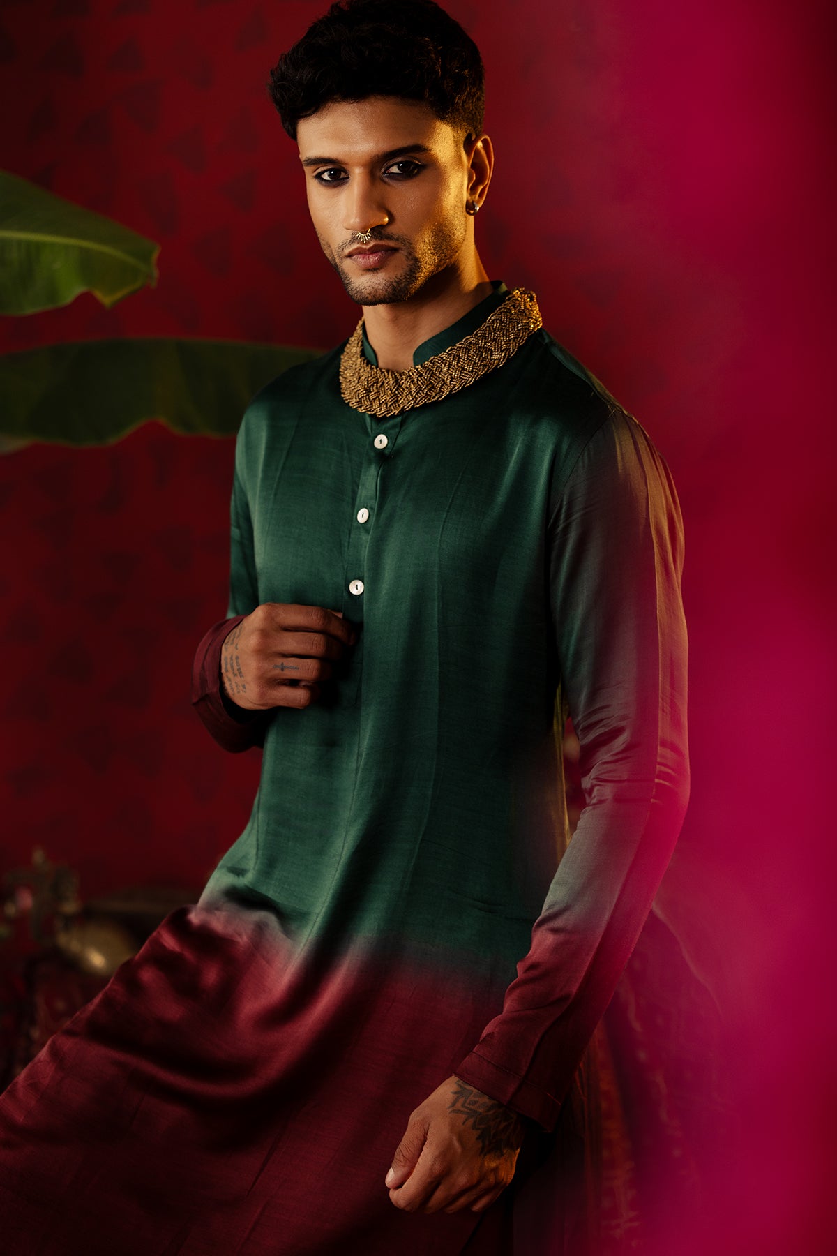 
                  
                    "Earthly Elegance" Dark Green Ombre Kurta Dhoti Set
                  
                