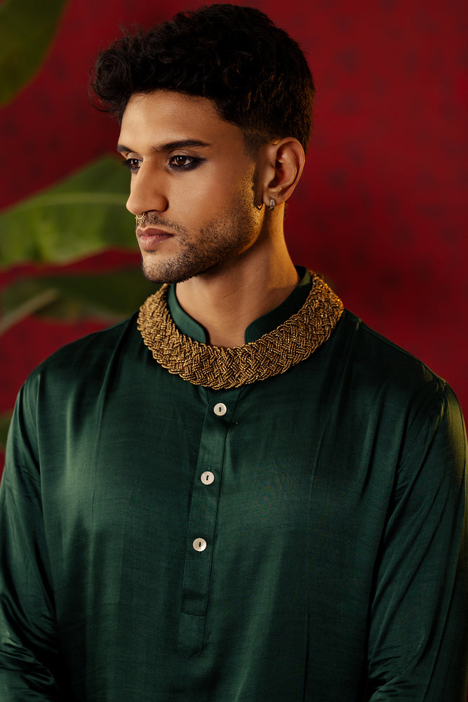 
                  
                    "Earthly Elegance" Dark Green Ombre Kurta Dhoti Set
                  
                