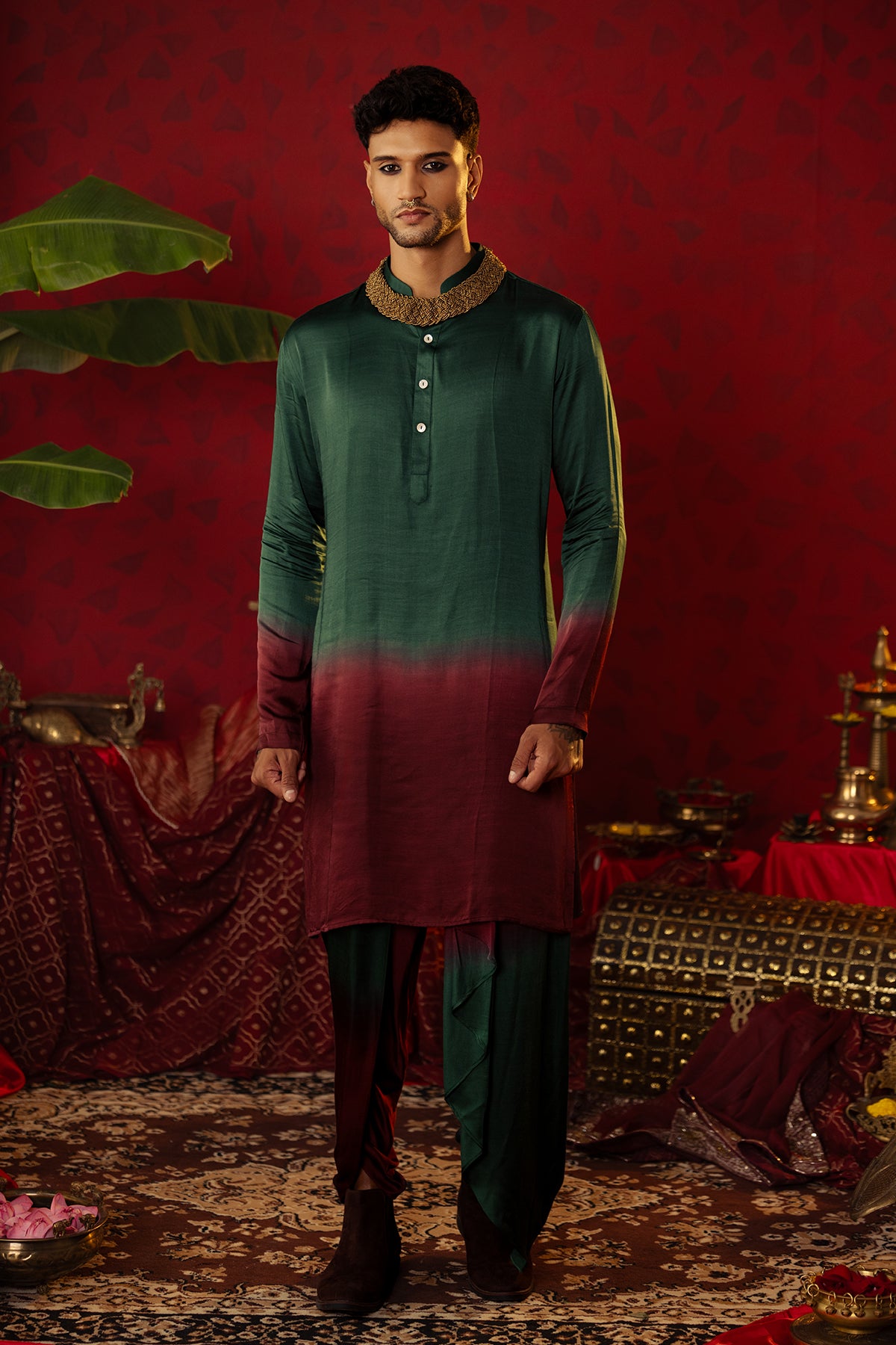 
                  
                    "Earthly Elegance" Dark Green Ombre Kurta Dhoti Set
                  
                