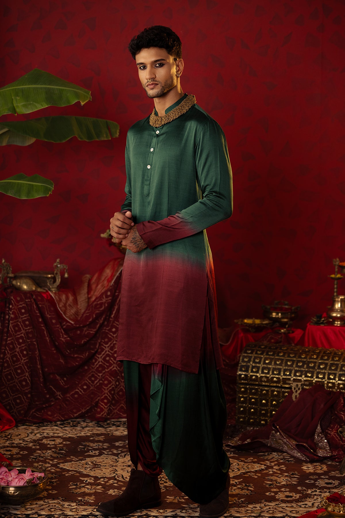 
                  
                    "Earthly Elegance" Dark Green Ombre Kurta Dhoti Set
                  
                