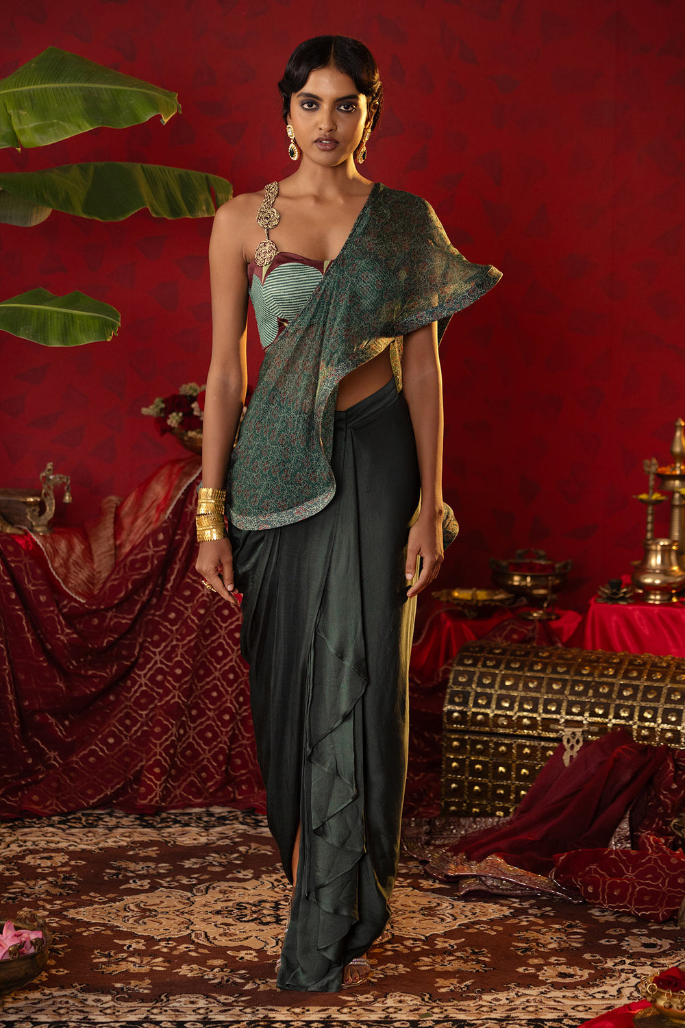 Emerald green Print Blocked Draped Saree