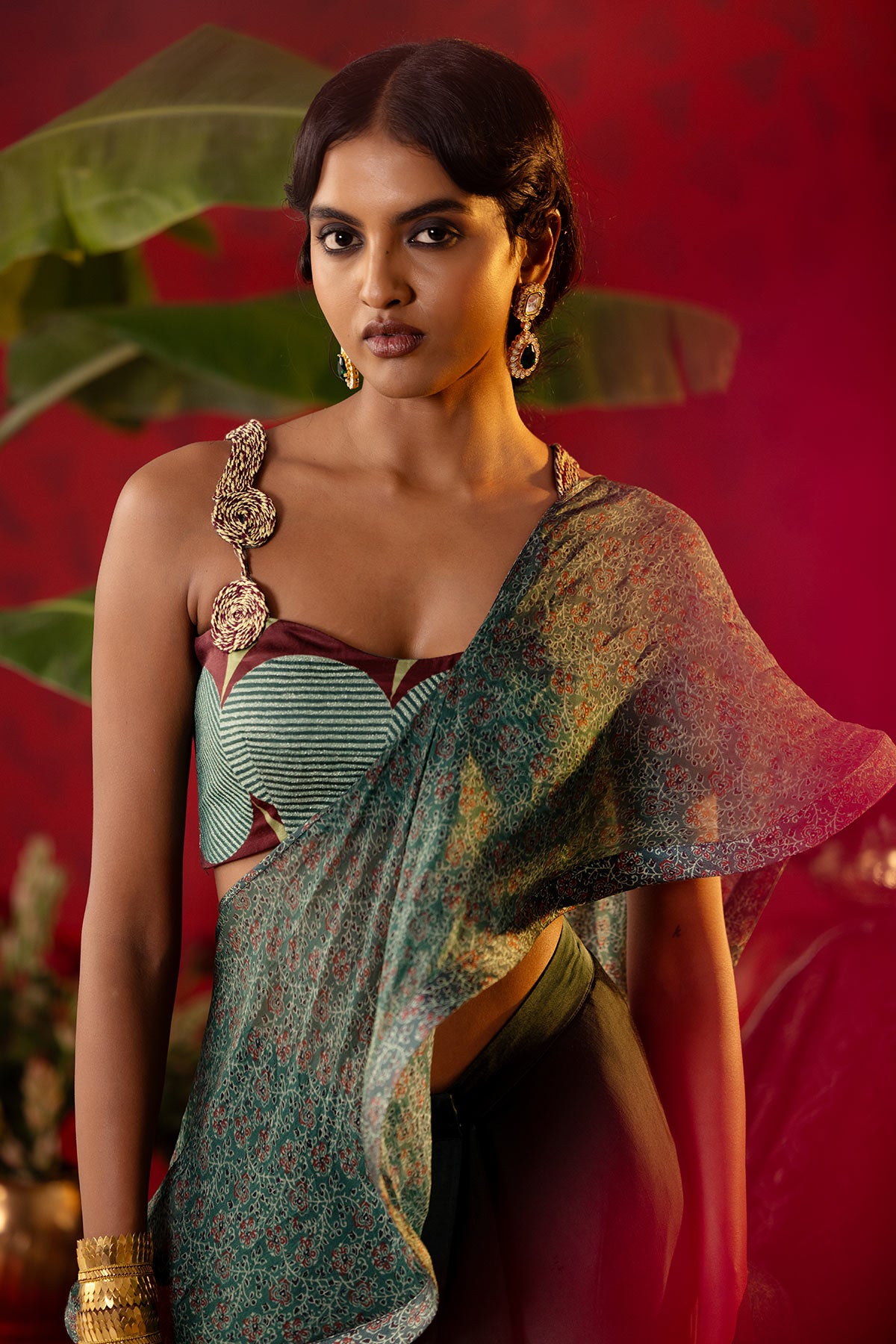 
                  
                    Emerald green Print Blocked Draped Saree
                  
                