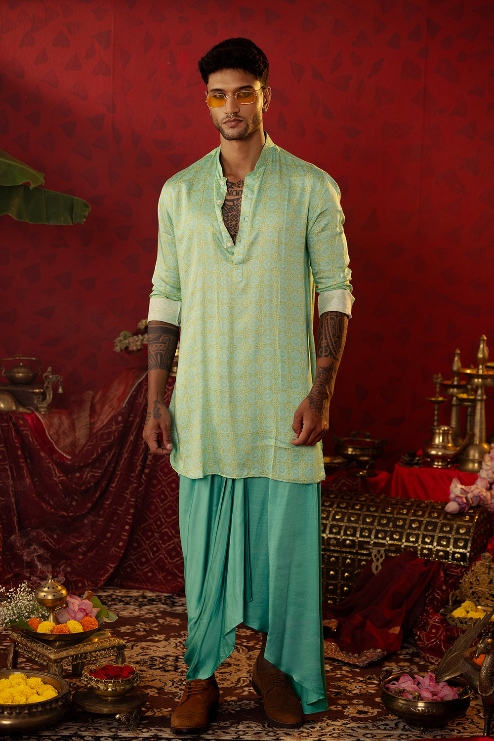 Turquoise Ajrakh Kurta Dhoti Set