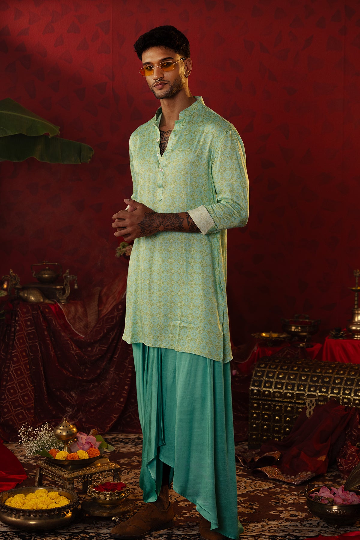 
                  
                    Turquoise Ajrakh Kurta Dhoti Set
                  
                