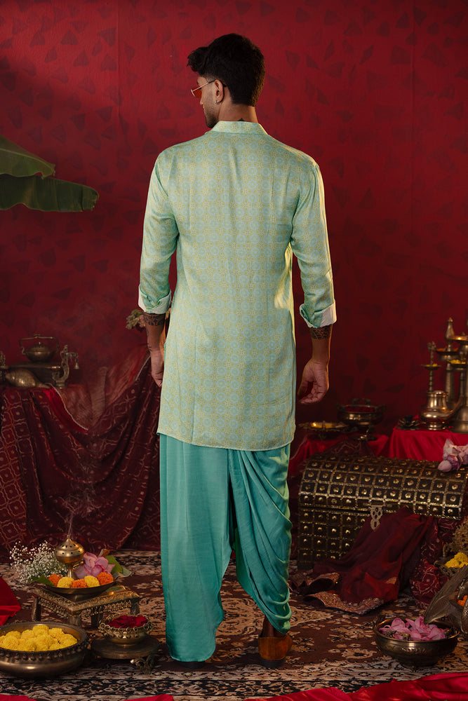 
                  
                    Turquoise Ajrakh Kurta Dhoti Set
                  
                