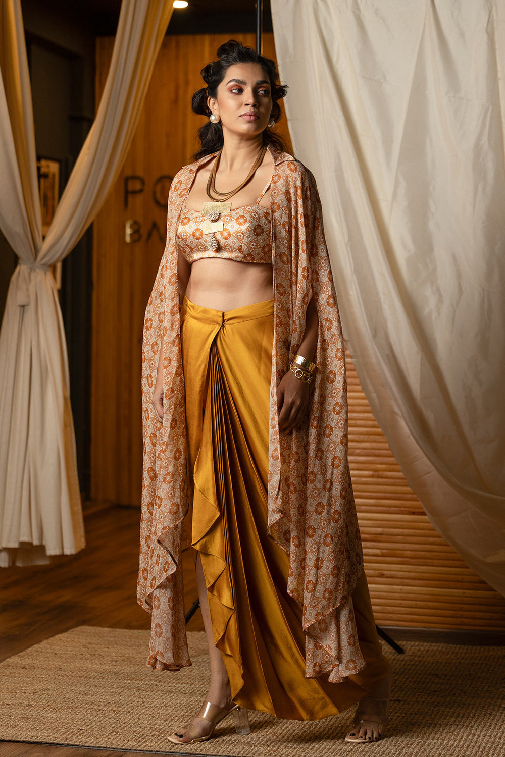 Beige Ajrakh Draped Skirt Set