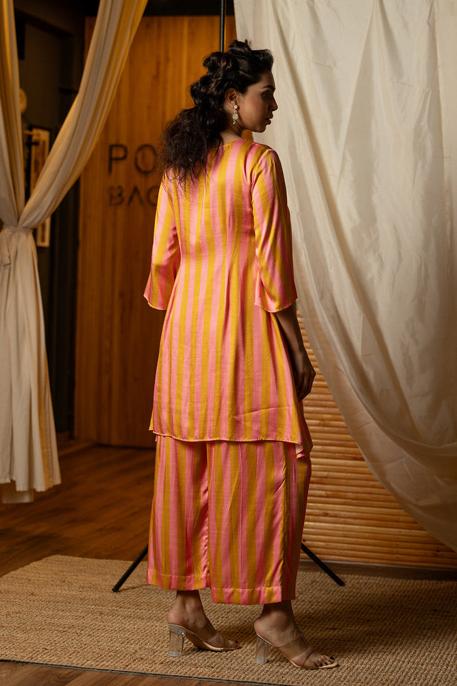 
                  
                    Pink & Gold  Striped Kurta Co-ords Set
                  
                