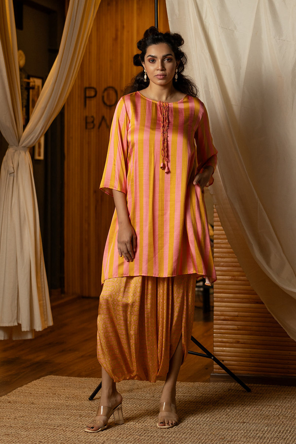 Pink & gold  Striped Kurta Dhoti Set