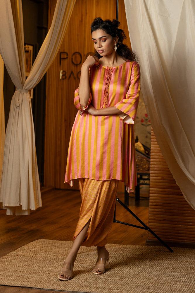 
                  
                    Pink & gold  Striped Kurta Dhoti Set
                  
                