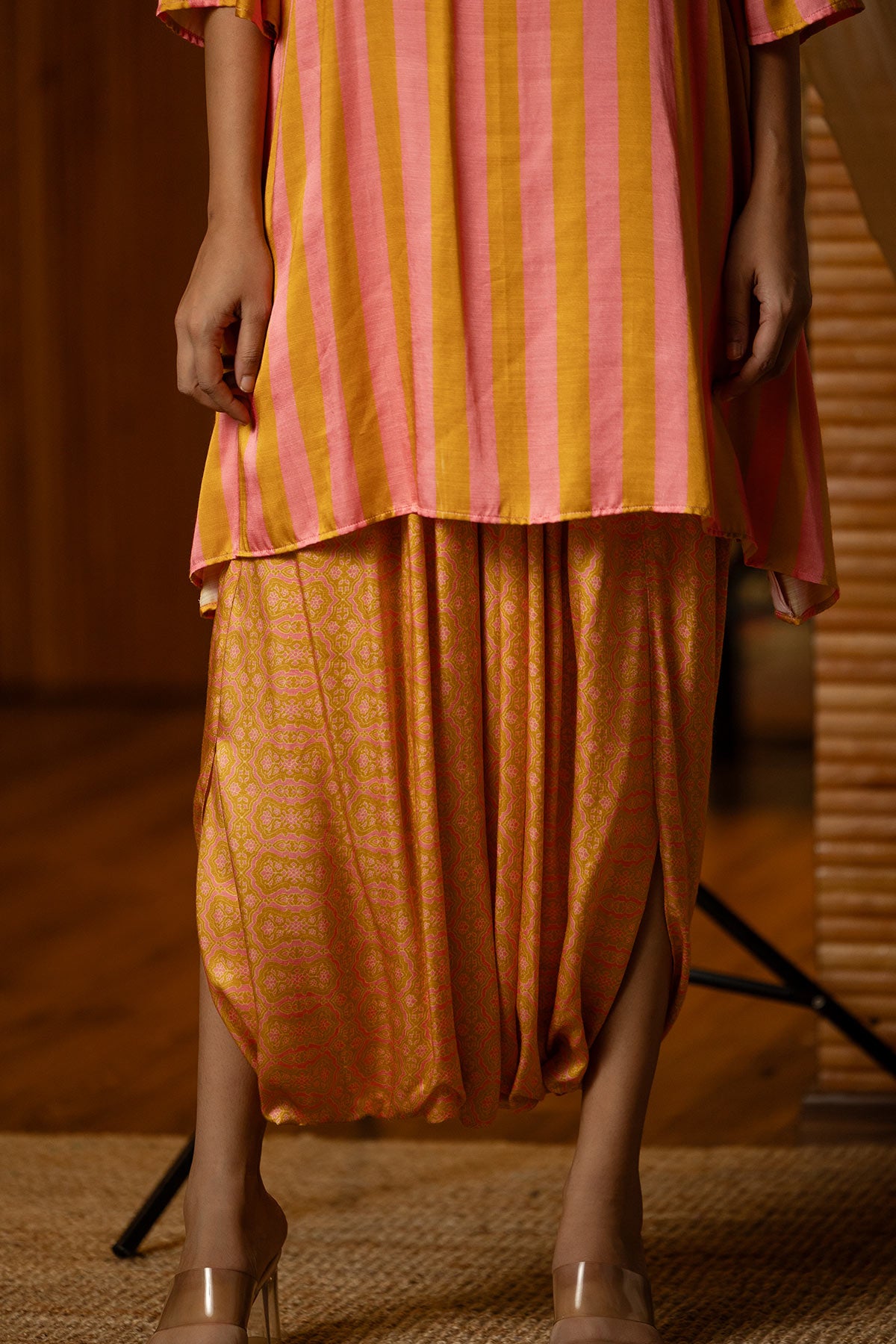 
                  
                    Pink & gold  Striped Kurta Dhoti Set
                  
                