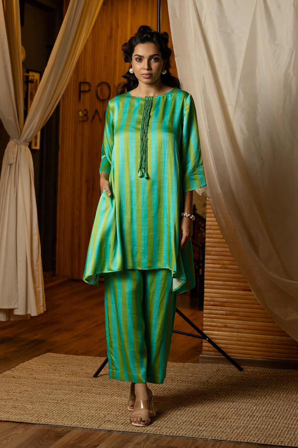 Blue & Green Striped Kurta Co-ords Set