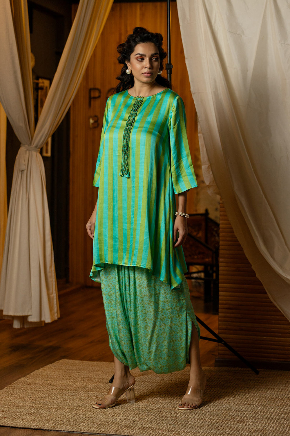 Blue & green Striped Kurta Dhoti Set