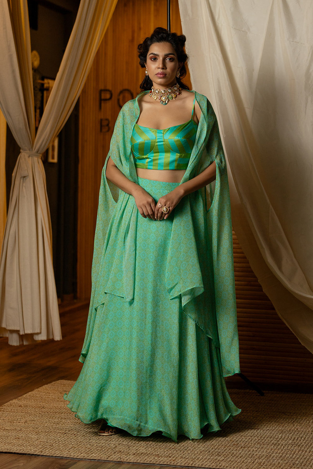 Blue & green Ajrakh Printed Lehenga Set