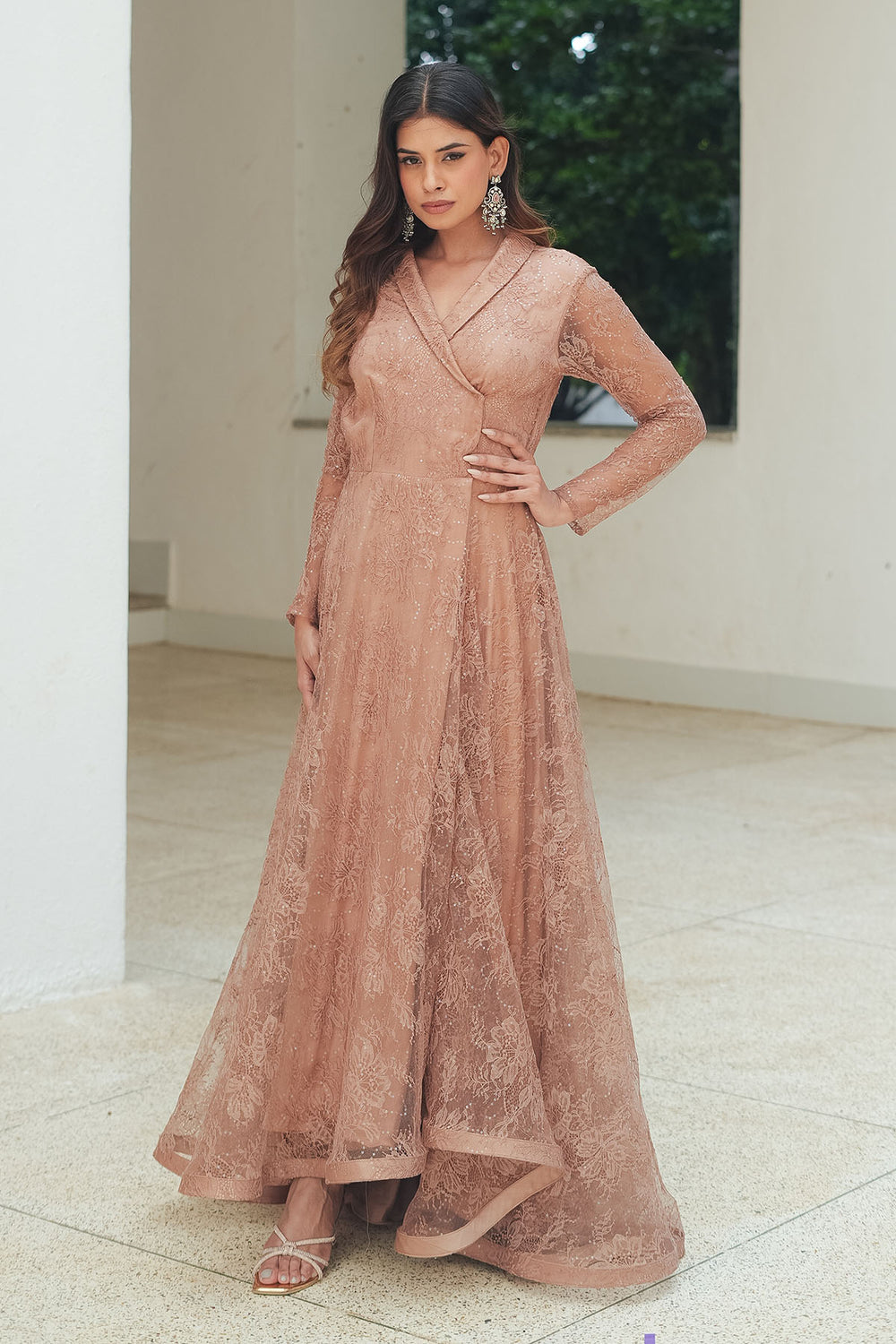 Nude Sequin Chantilly Lapel Cocktail Gown
