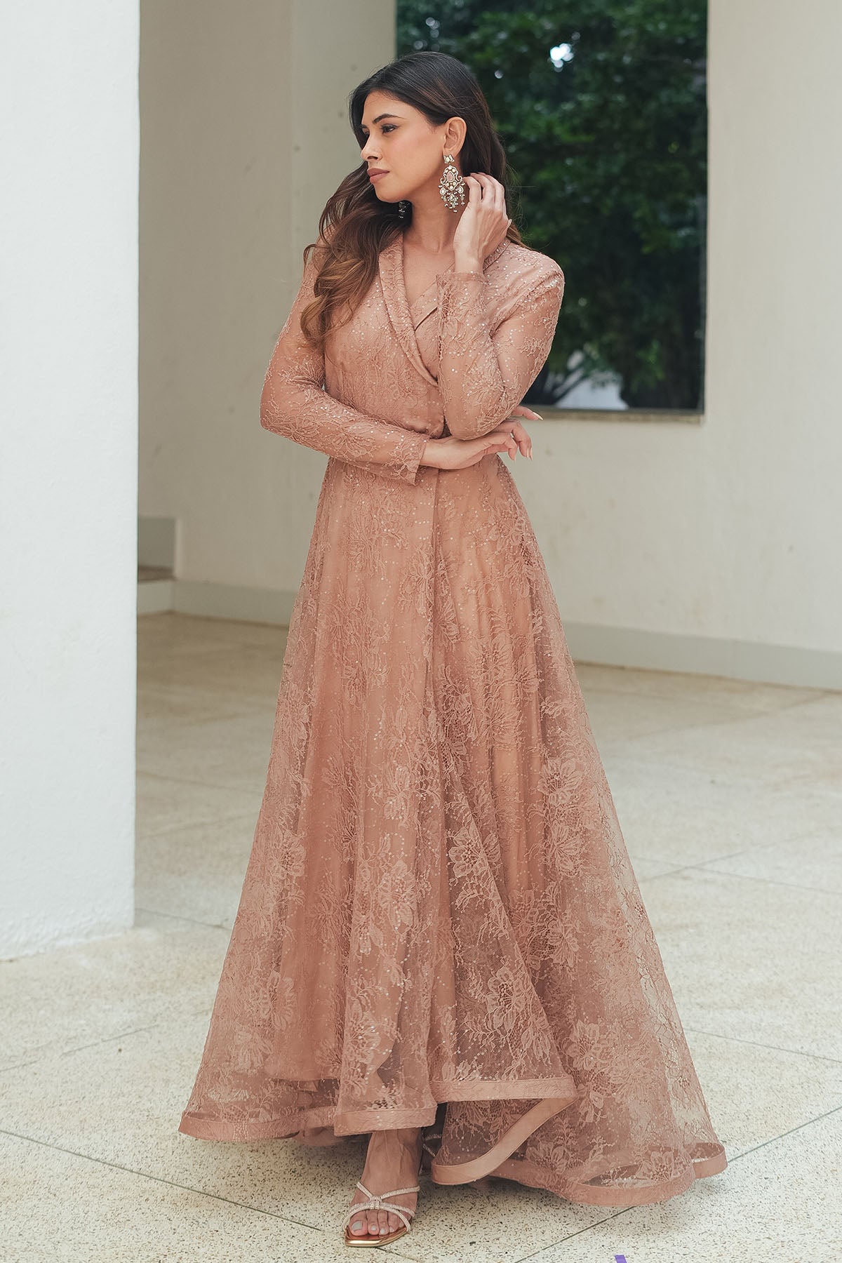 
                  
                    Nude Sequin Chantilly Lapel Cocktail Gown
                  
                
