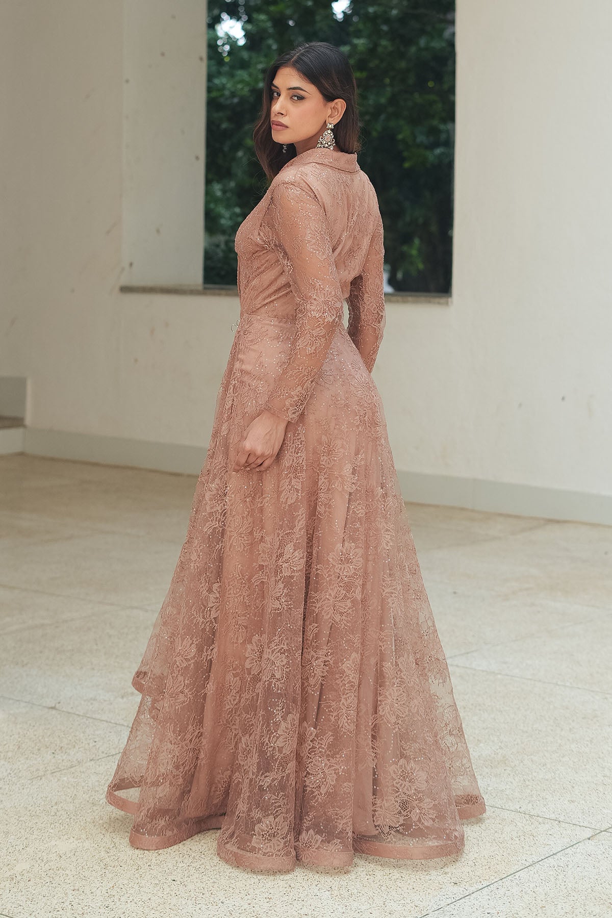 
                  
                    Nude Sequin Chantilly Lapel Cocktail Gown
                  
                