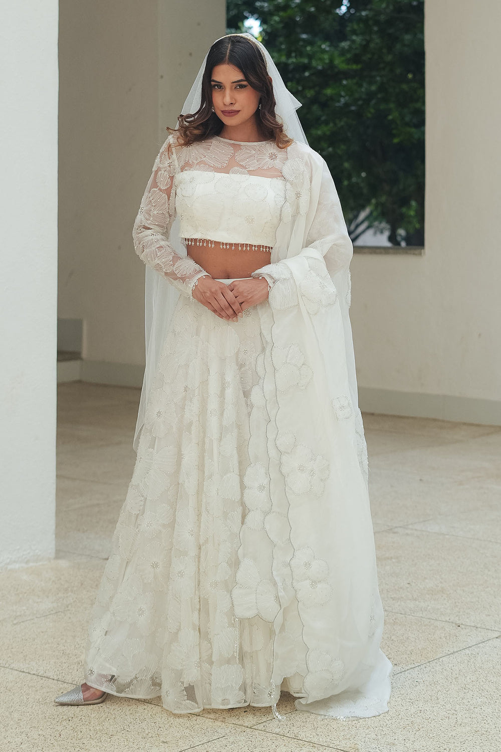 White Flower Bloom Glitter Lehenga Set