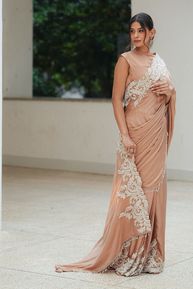 
                  
                    Nude Satin Beaded Border Split Saree
                  
                