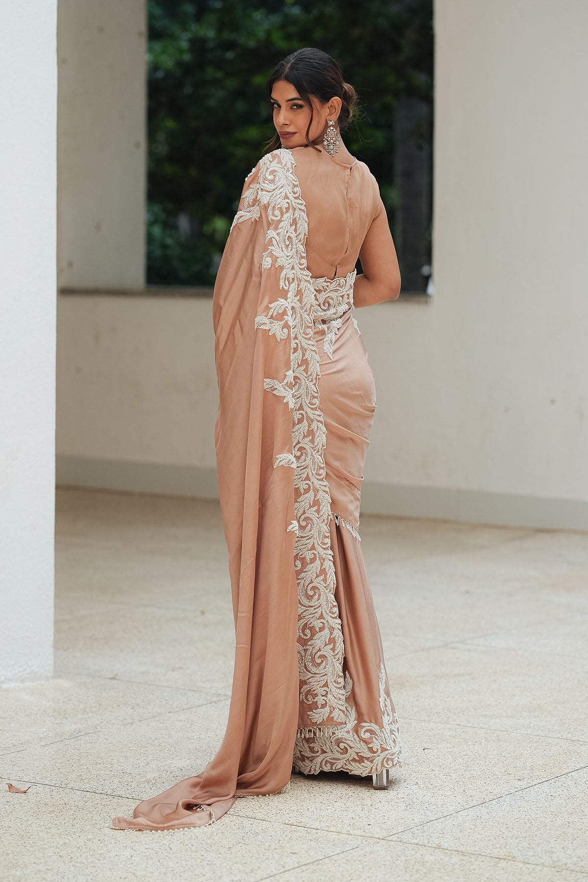 
                  
                    Nude Satin Beaded Border Split Saree
                  
                