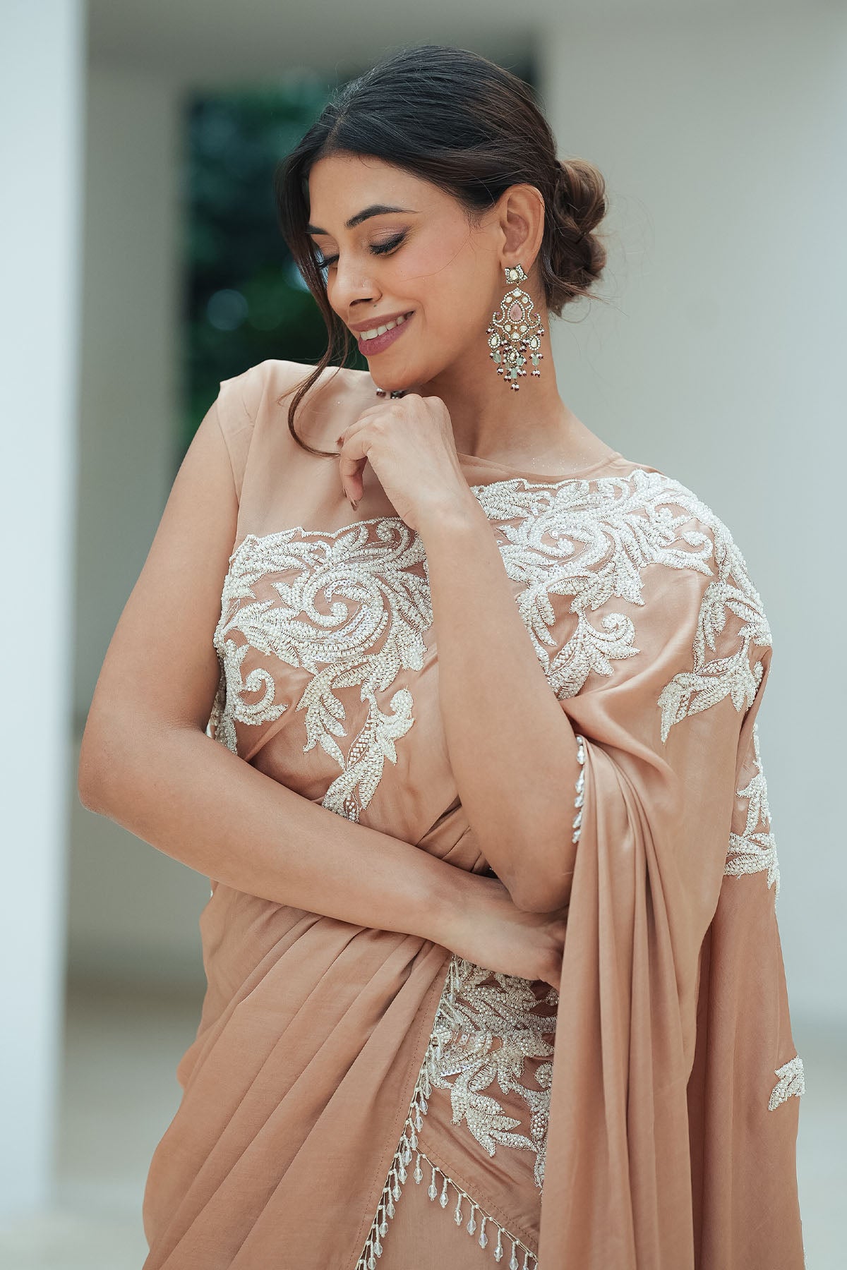 
                  
                    Nude Satin Beaded Border Split Saree
                  
                