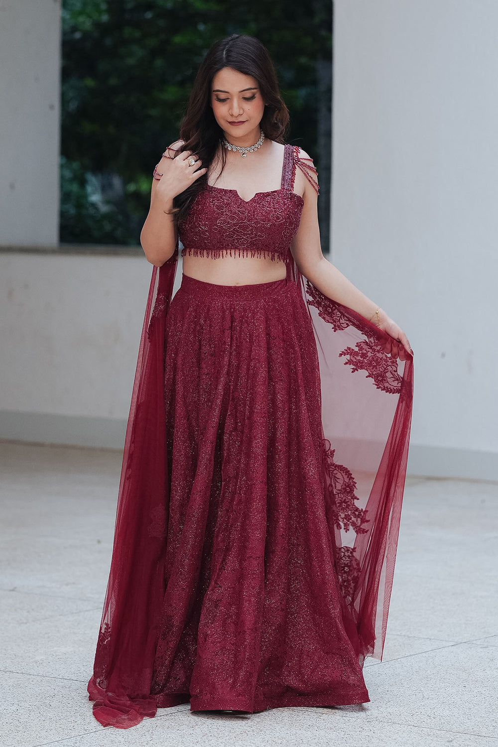 Maroon Chantilly Crystal Lehenga