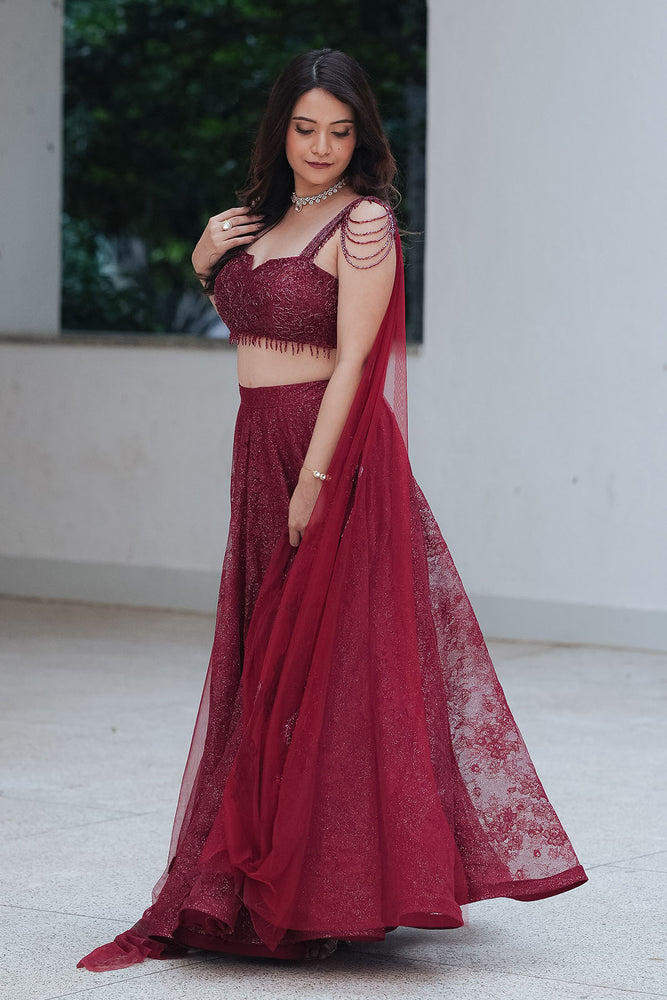 
                  
                    Maroon Chantilly Crystal Lehenga
                  
                