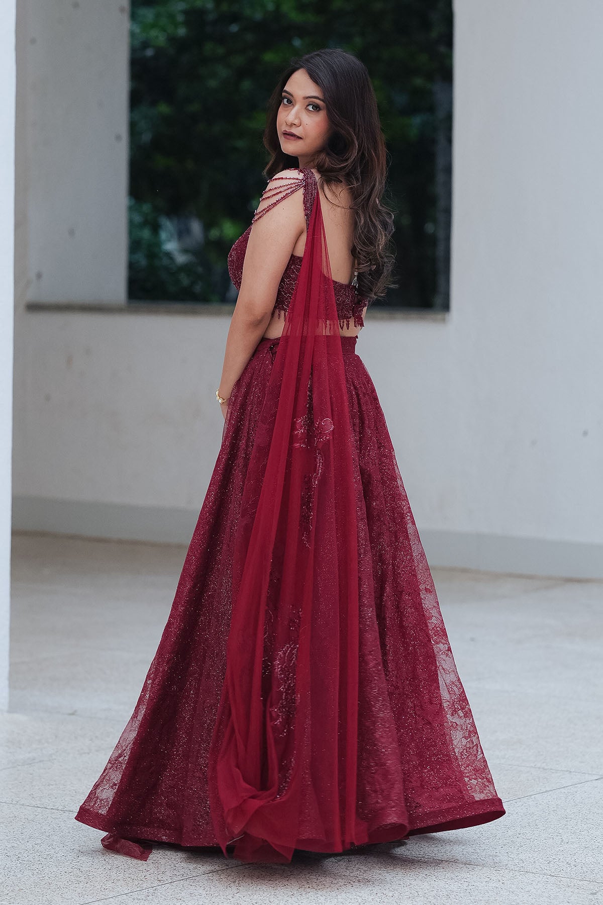 
                  
                    Maroon Chantilly Crystal Lehenga
                  
                