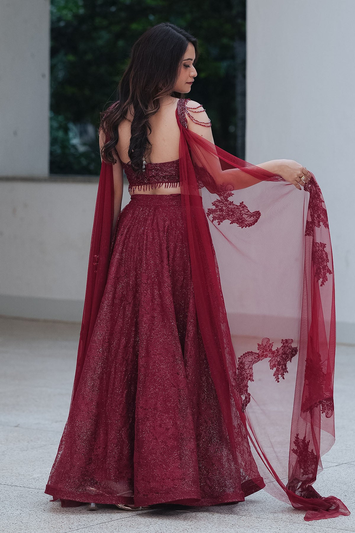 
                  
                    Maroon Chantilly Crystal Lehenga
                  
                