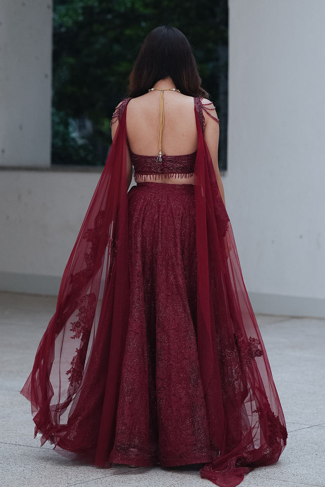 
                  
                    Maroon Chantilly Crystal Lehenga
                  
                
