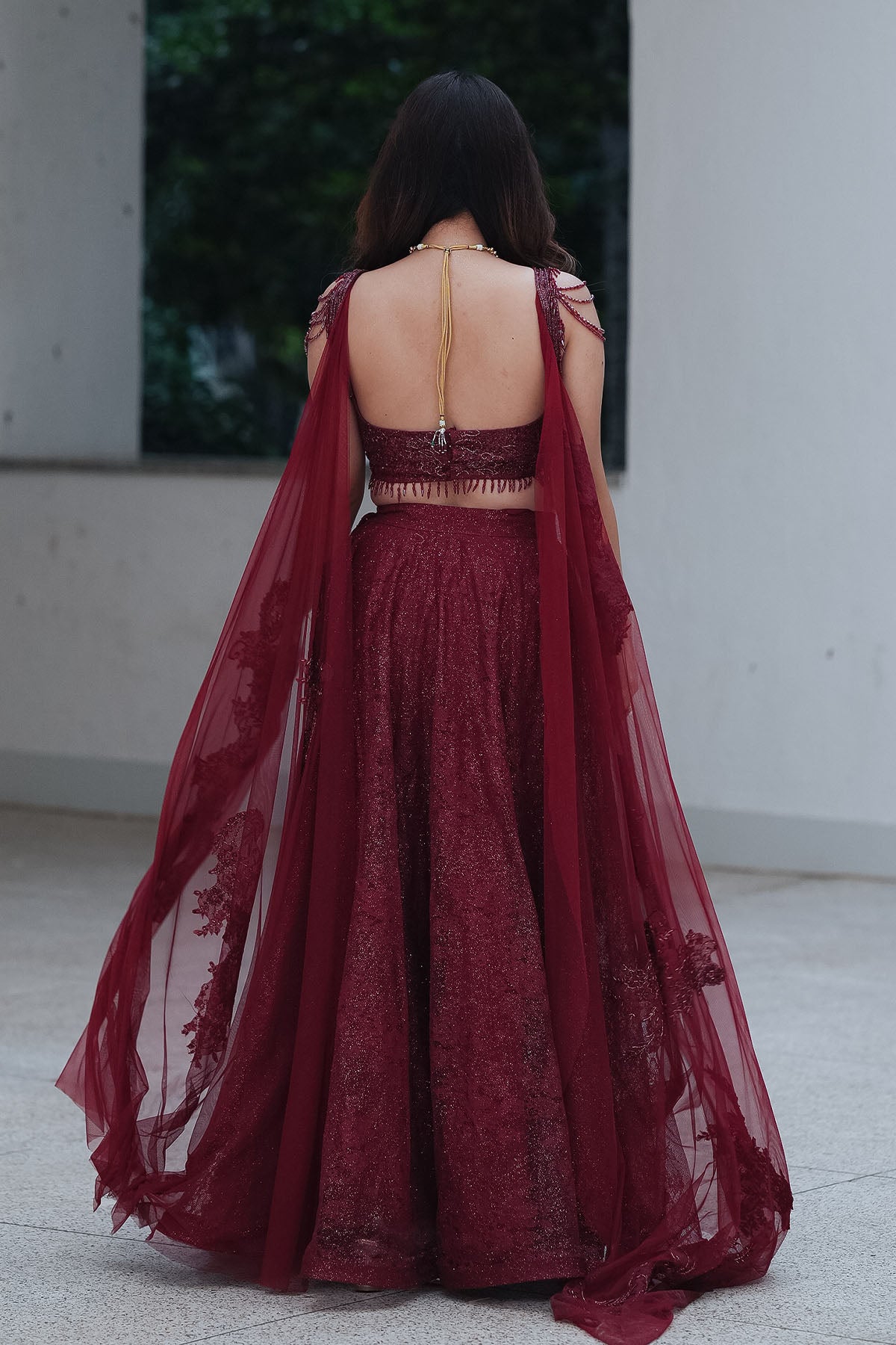 
                  
                    Maroon Chantilly Crystal Lehenga
                  
                
