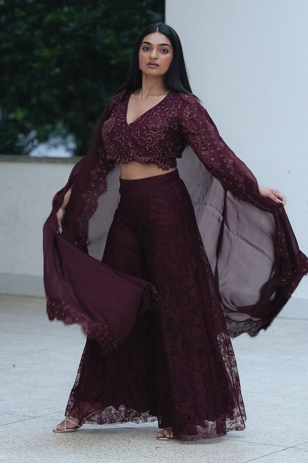 Burgundy Chantilly Jacket Pant Set