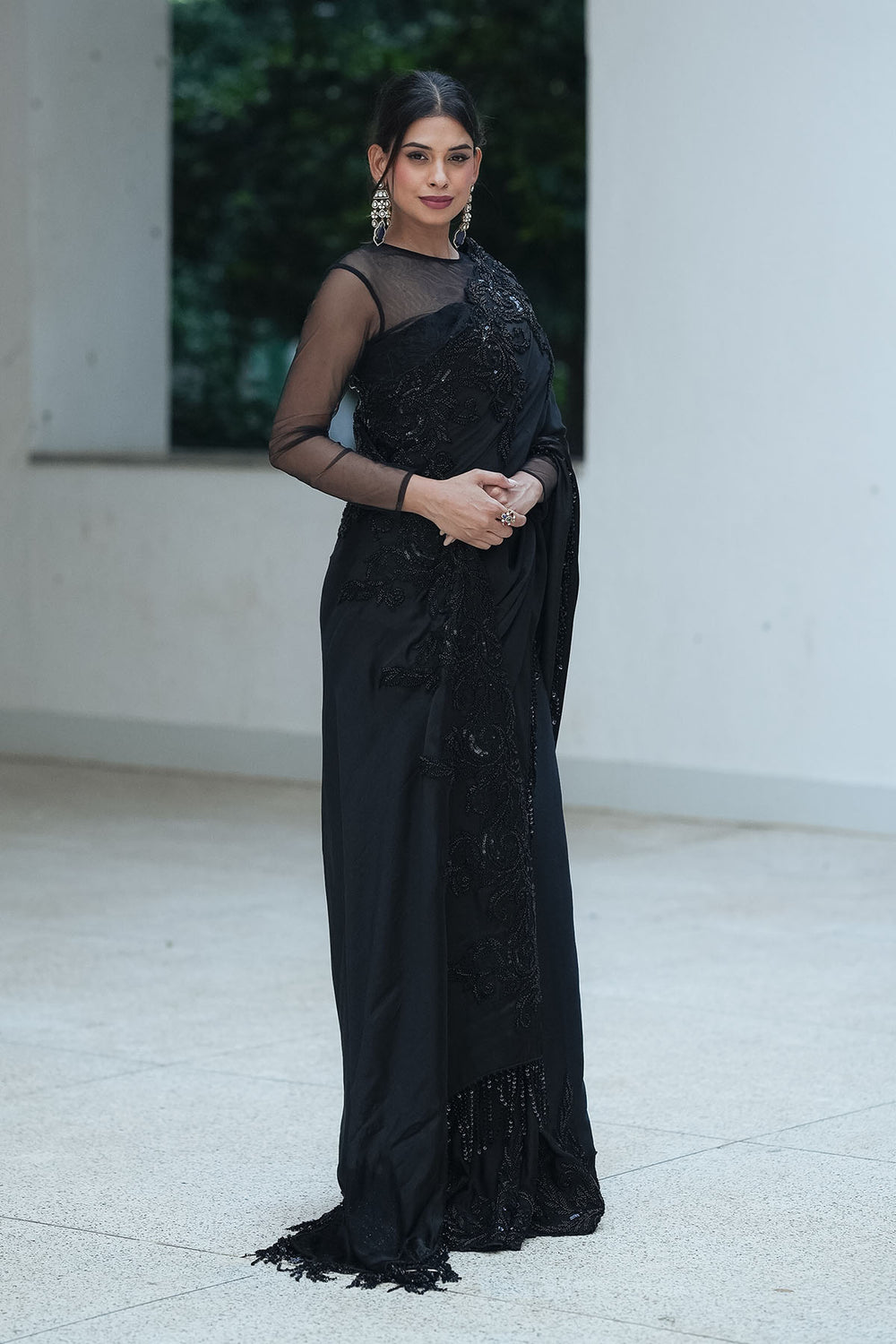 Black Satin Beaded Border Split Saree