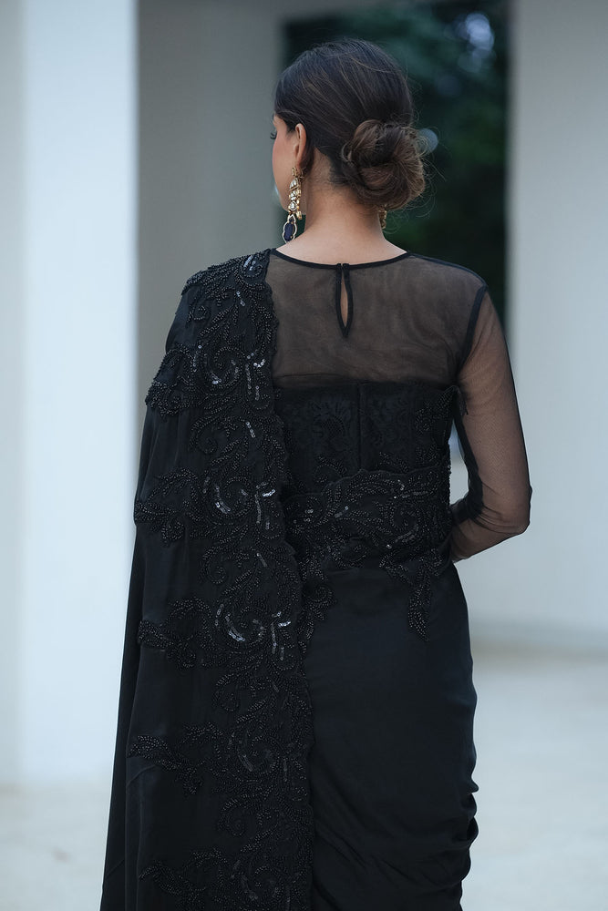 
                  
                    Black Satin Beaded Border Split Saree
                  
                