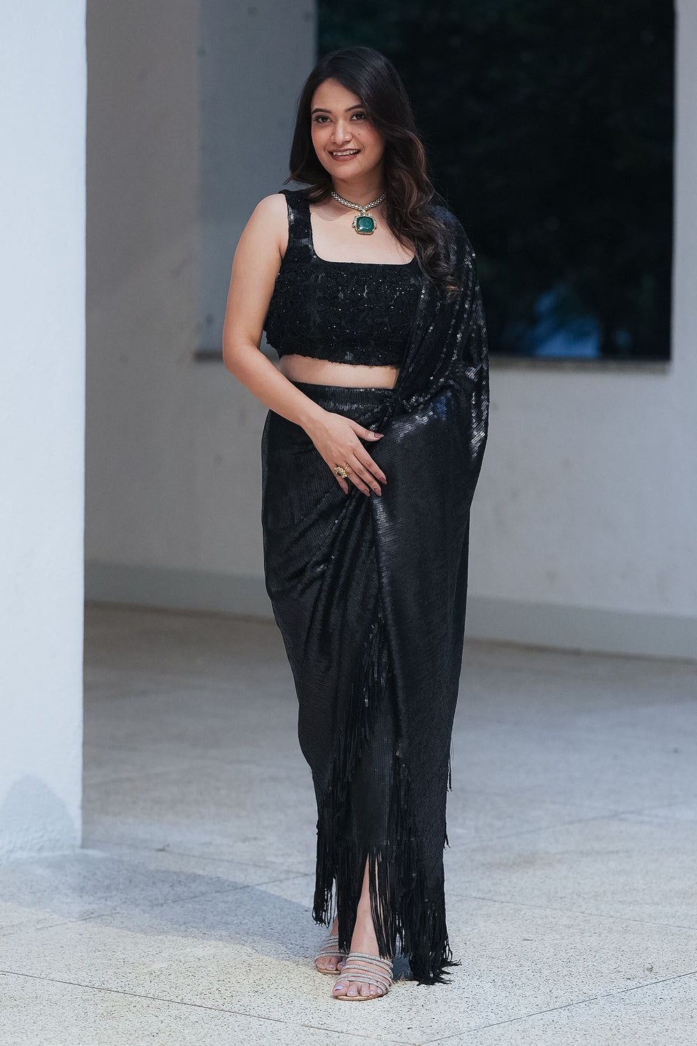 Matt Black Fringe Sequin Draped Saree
