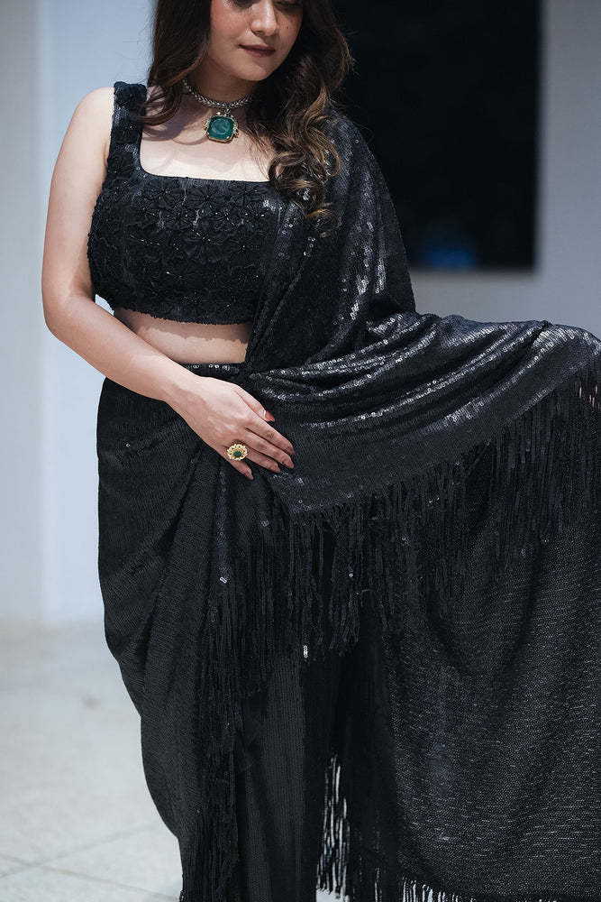
                  
                    Matt Black Fringe Sequin Draped Saree
                  
                