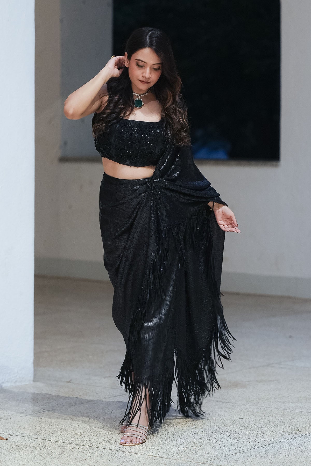 
                  
                    Matt Black Fringe Sequin Draped Saree
                  
                