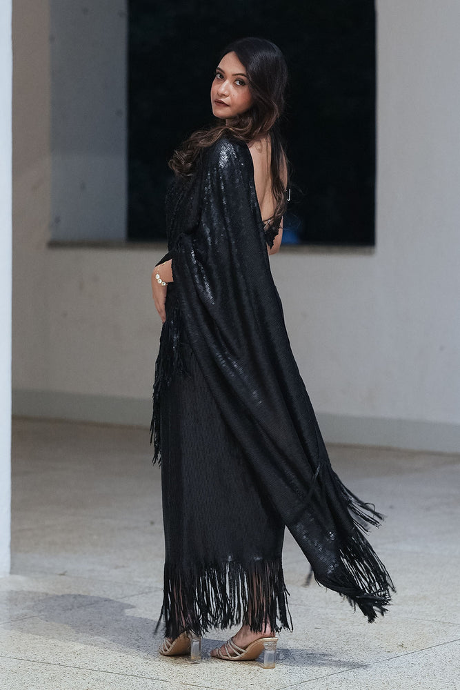 
                  
                    Matt Black Fringe Sequin Draped Saree
                  
                
