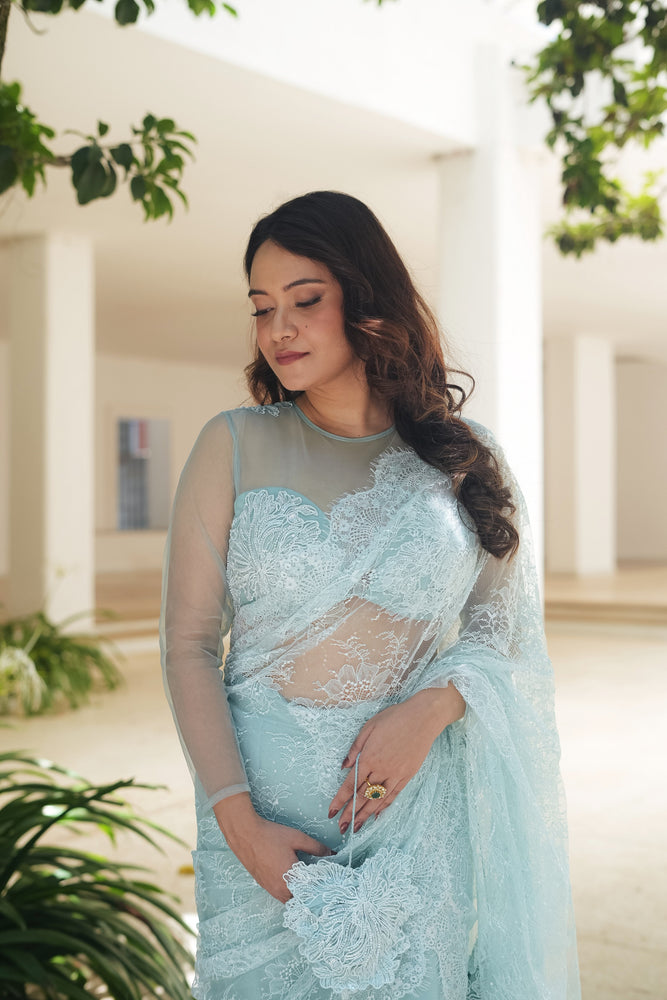 
                  
                    Powder Blue Chantily Sequin Lehenga Saree
                  
                