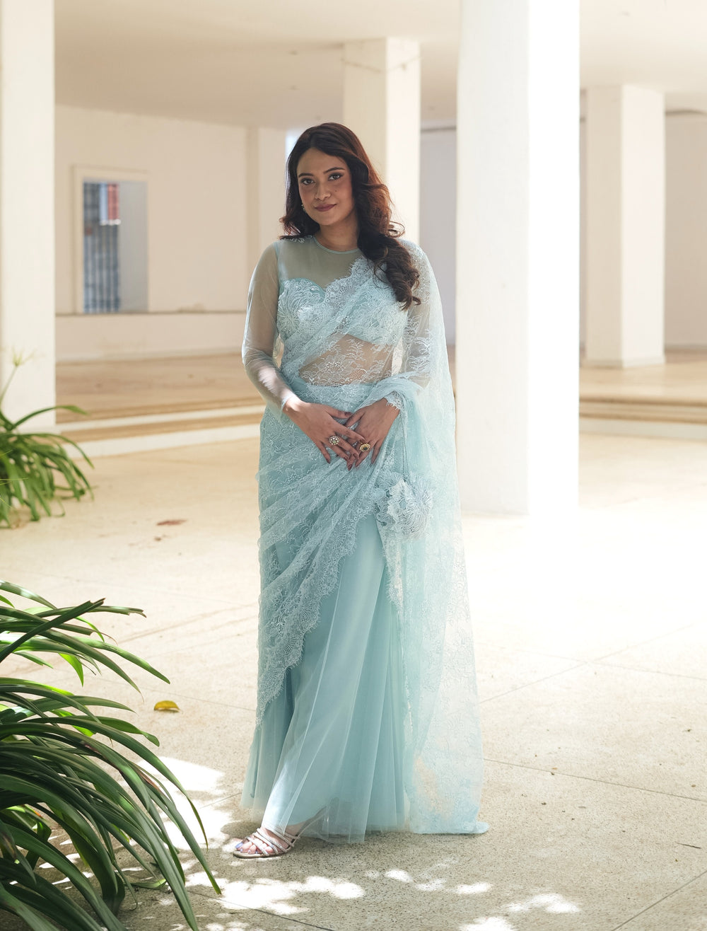 Powder Blue Chantily Sequin Lehenga Saree