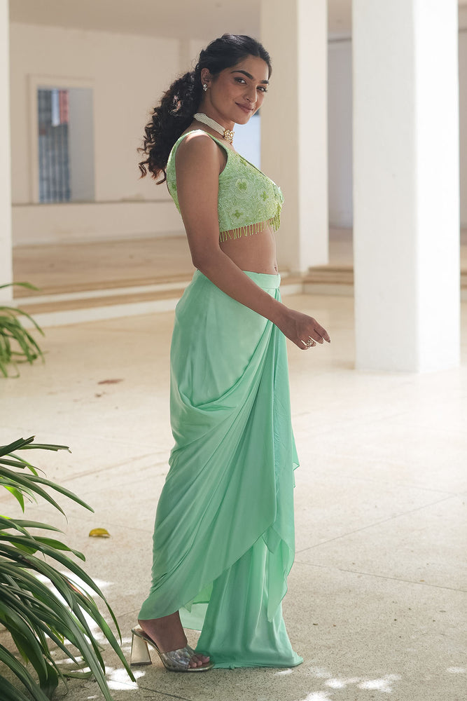
                  
                    Mint Green Monotone Draped Skirt Set
                  
                