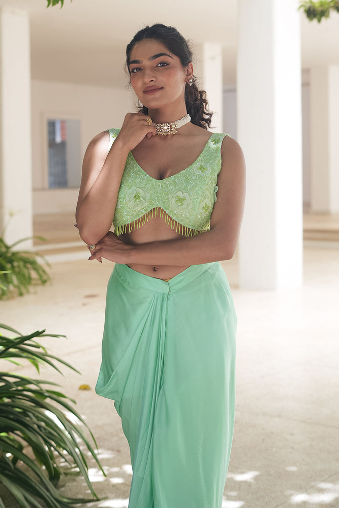 
                  
                    Mint Green Monotone Draped Skirt Set
                  
                
